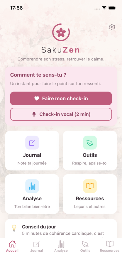 Écran d'accueil de SakuZen : check-in du jour, journal, outils, analyse et ressources